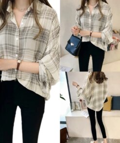 Womens Casual Plaid Button Down Long Sleeve Shirt Turn-down Collar Spring Shirts Plaid All-match Tops