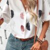 Buy Women's Shirt Blouse Summer 2023 New Clothing Lapel Feather Print Shirt Short-Sleeved Top Elegant Daily Casual Pullover Top online shopping cheap