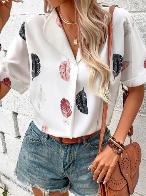 Buy Women's Shirt Blouse Summer 2023 New Clothing Lapel Feather Print Shirt Short-Sleeved Top Elegant Daily Casual Pullover Top online shopping cheap