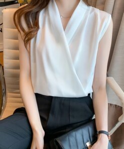 Womens Tops Blouses Solid Color White Satin Blouse Office Shirt Blusas Sleeveless Women Shirts Black White Female Blusas Mujer