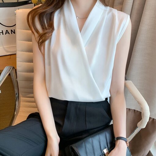 Buy Womens Tops Blouses Solid Color White Satin Blouse Office Shirt Blusas Sleeveless Women Shirts Black White Female Blusas Mujer online shopping cheap
