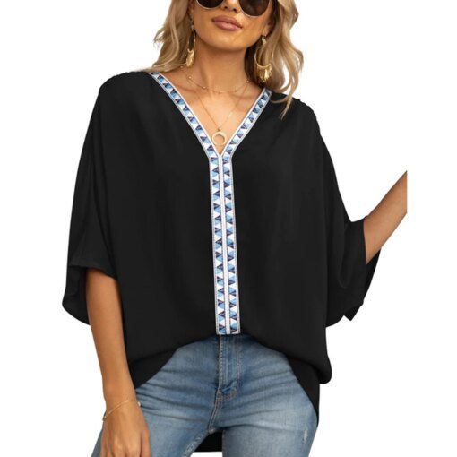 Buy Women's Tops Splicing Style Solid Color Urban Leisure Short Sleeve Loose Blouse online shopping cheap