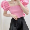 Buy XIKOM Women Blouse Elegant Woman Top Corset Vintage Pink Puff Sleeve Tops For Women Fashion Paneled Knitted online shopping cheap