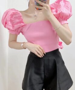 XIKOM Women Blouse Elegant Woman Top Corset Vintage Pink Puff Sleeve Tops For Women Fashion Paneled Knitted