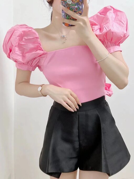 Buy XIKOM Women Blouse Elegant Woman Top Corset Vintage Pink Puff Sleeve Tops For Women Fashion Paneled Knitted online shopping cheap