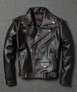YR!Free shipping.sales.classic motor biker genuine leather jacket.slim cowhide coat.fashion vintage leather clothing.plus size