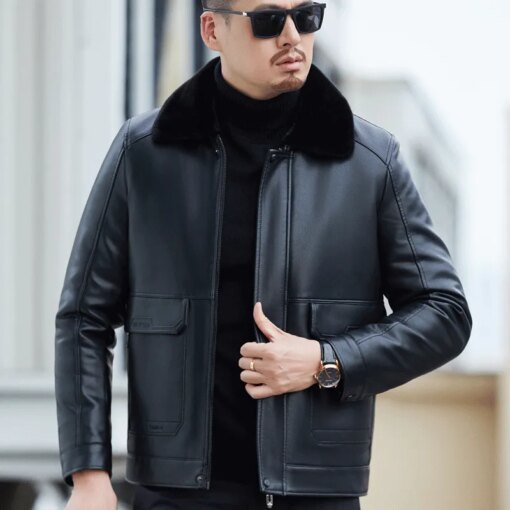 Buy YXL-6621 Winter Thickened Men's Jacket Sheepskin Coat Business Casual Polo Collar Natural Leather Coat Leather Fur One Piece online shopping cheap
