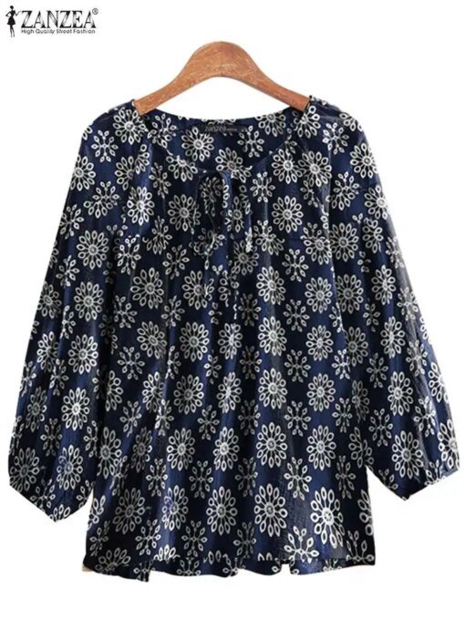 Buy ZANZEA 2023 Summer Women 3/4 Sleeve Blouses Floral Printed Lace-Up Round Neck Casual Loose Tops Vintage Kaftan Shirts Oversized online shopping cheap