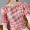 Buy ZANZEA Bohemian Grid Printed Blouse Summer Casual Holiday Tunic Tops Woman Puff Sleeve O-Neck Shirt Stylish Elegant Chemise 2023 online shopping cheap