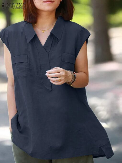 Buy ZANZEA Oversize Baggy Shirts For Women V Neck Short Sleeve Blouse Summer Causal Work Tops Solid Color Lapel Neck Blusas Femme online shopping cheap