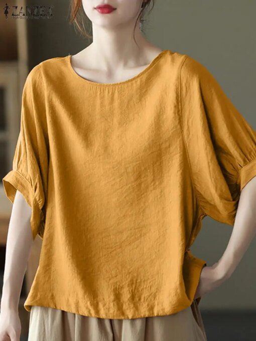 Buy ZANZEA Vintage Women O Neck Short Sleeve Blouse Summer Tunic Tops Casual Loose Work Shirt Female Elegant Solid Blusas Oversize online shopping cheap