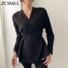ZCSMLL Korean vintage V-neck Solid Color female blouse Slim Straps Waist Long-sleeved solid color loose Shirt Top Women