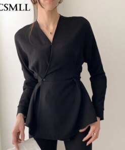 ZCSMLL Korean vintage V-neck Solid Color female blouse Slim Straps Waist Long-sleeved solid color loose Shirt Top Women