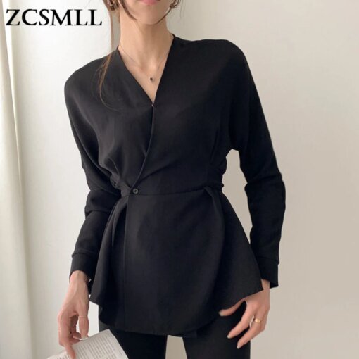 Buy ZCSMLL Korean vintage V-neck Solid Color female blouse Slim Straps Waist Long-sleeved solid color loose Shirt Top Women online shopping cheap