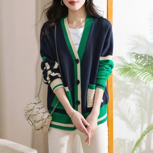 Buy long cardigan luxury women korean fashion clothes sweaters for women 2023 v-neck patchwork 90s vintage clothes knitwears jersey online shopping cheap