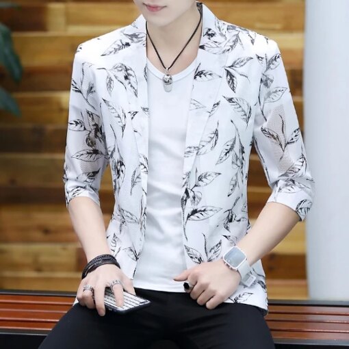 Buy mens blazer suit top summer jacket half sleeve mens Slim Fit Single breasted coat thin jacket printing casual Fashion online shopping cheap