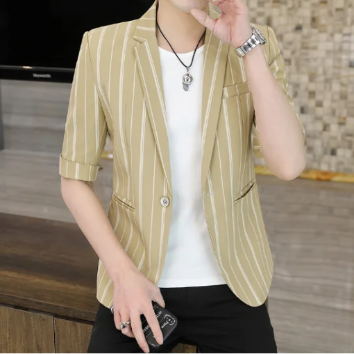 Buy mens thin stripe casual blazer suit top jacket Fashion Slim Fit Single breasted coat online shopping cheap