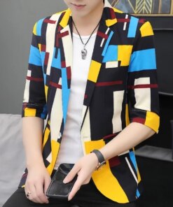 mens youth printing short sleeve jacket fashion top coat fashion suit jacket mens Slim Fit Small Coat