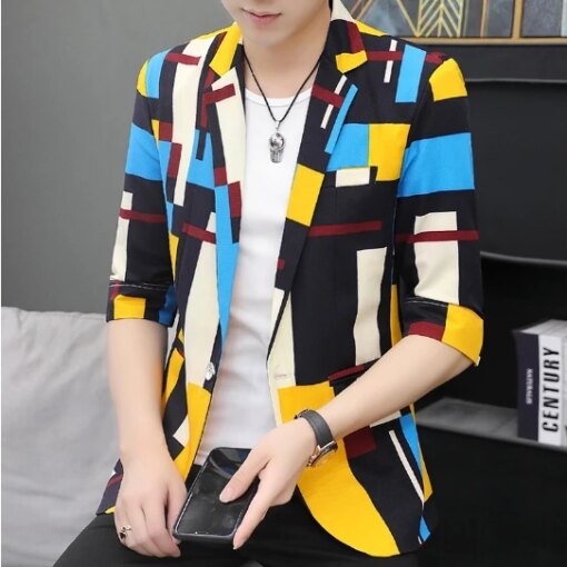 Buy mens youth printing short sleeve jacket fashion top coat fashion suit jacket mens Slim Fit Small Coat online shopping cheap