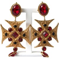 Gold Brass Maltese Cross Crystal Clip Dangling Earrings