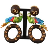 Gold Brass Wood Parrot Hoop Clip-on Jewelry Dangling Earrings