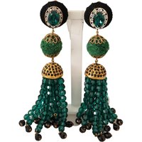 Green Crystals Gold Tone Drop Clip-on Dangle Earrings