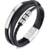 Men's Steel Genuine Black Leather Double Braided Bracelet buy online shopping cheap sale