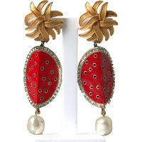 Red Watermelon Gold Brass Crystal Clip Dangling Earrings