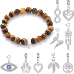 Tiger’s Eye Gemstone Charm Stretch Bracelet with Charm Created with Zircondia® Crystals