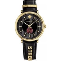 Versace VBQ050017 V-Circle 42mm Gold Tone Black Leather Strap Women’s Watch