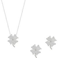 Four Leaf Clover Sterling Silver Necklace and Earring Set – White