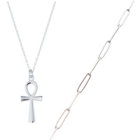 Sterling Silver Egyptian Ankh and Large Rectangular Chain Stacking Necklace Set